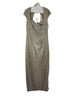 Lauren Ralph Lauren Evening Gold Metallic Ruched Faux Wrap Gown Dress